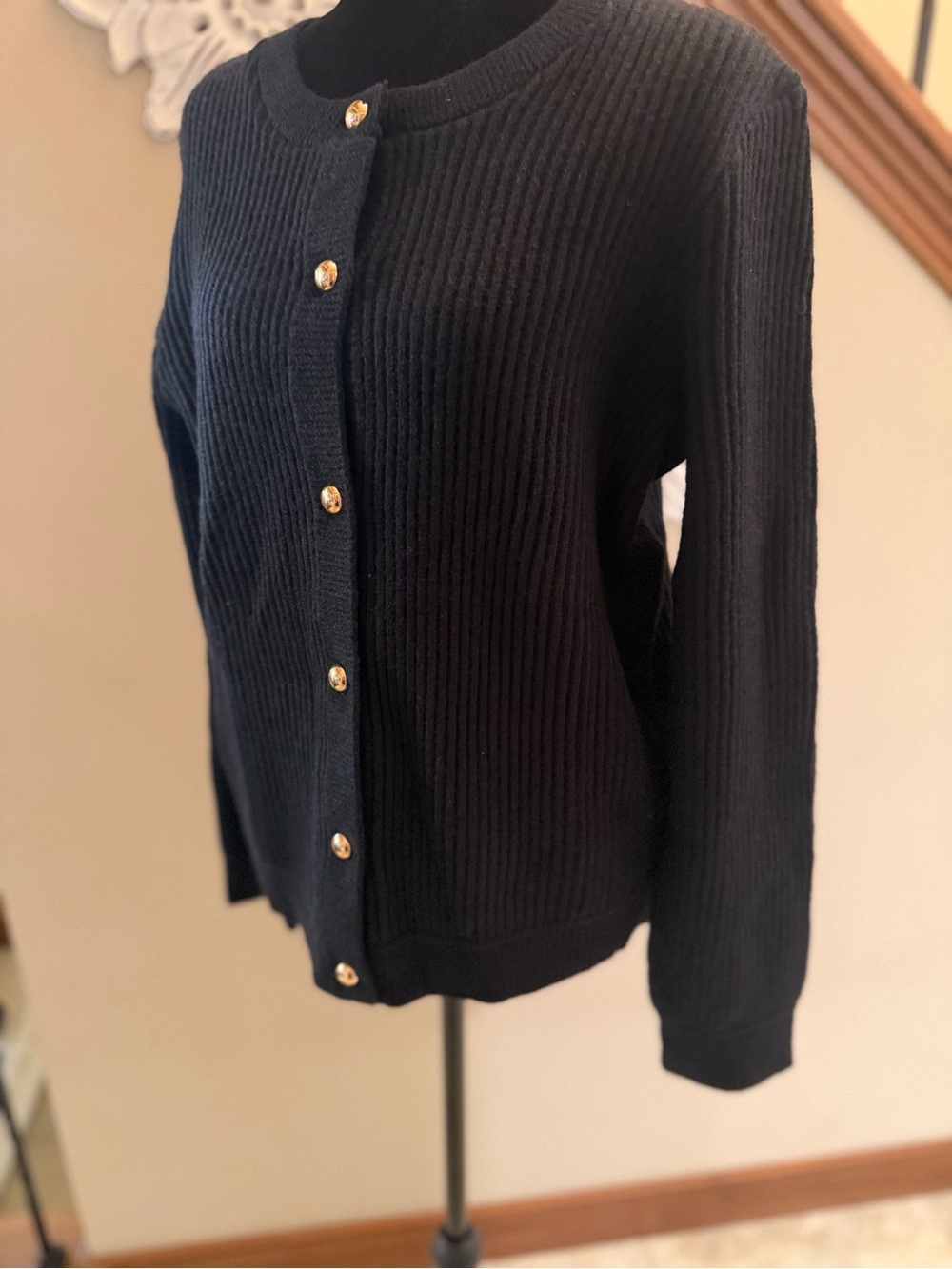 Grace Karin Black Ribbed Cardigan Sweater Gold Buttons NWT Large